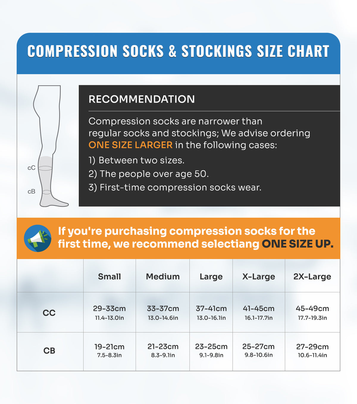20-30 mmHg Compression Socks Knee-High Size Chart